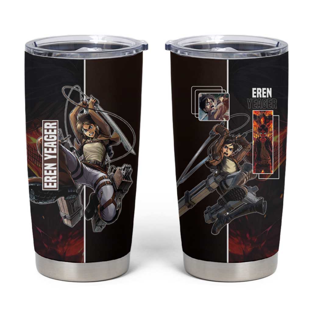 Eren Yeager from Attack on Titan Tumbler Cup with Action Poses and Fiery Background Design - The Mazicc