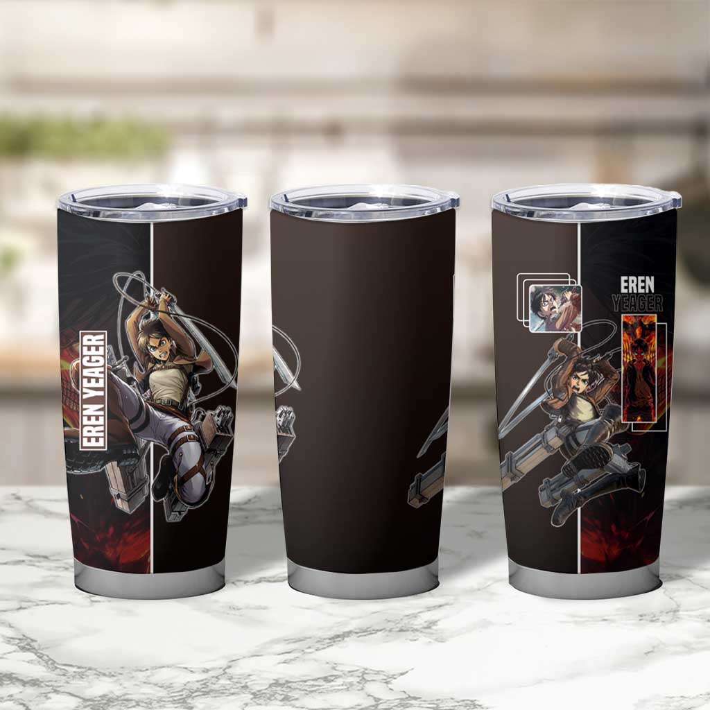 Eren Yeager from Attack on Titan Tumbler Cup with Action Poses and Fiery Background Design - The Mazicc