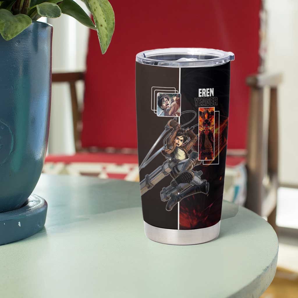 Eren Yeager from Attack on Titan Tumbler Cup with Action Poses and Fiery Background Design - The Mazicc