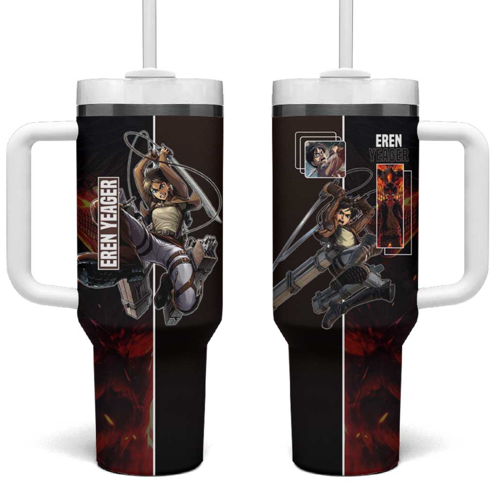 Eren Yeager from Attack on Titan Tumbler With Handle with Action Poses and Fiery Background Design - The Mazicc