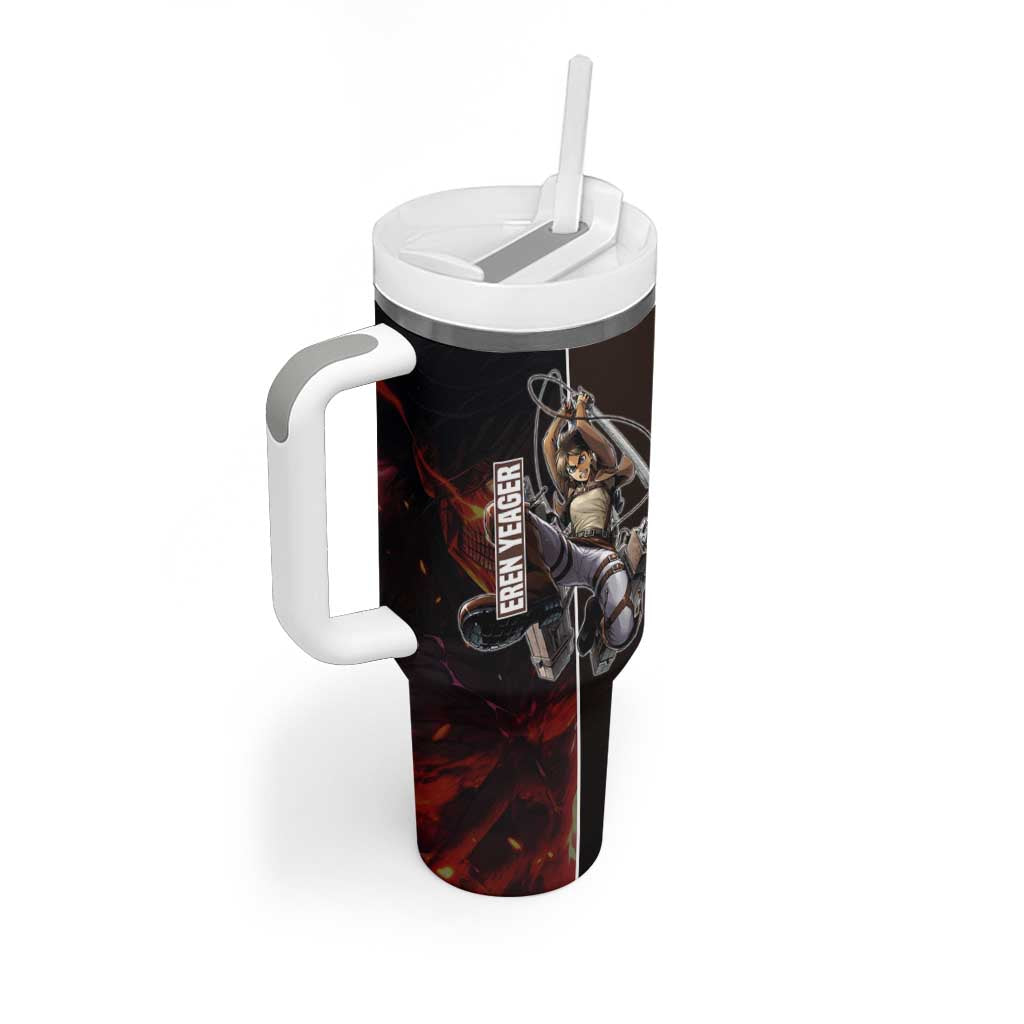 Eren Yeager from Attack on Titan Tumbler With Handle with Action Poses and Fiery Background Design - The Mazicc
