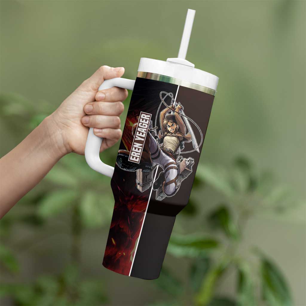 Eren Yeager from Attack on Titan Tumbler With Handle with Action Poses and Fiery Background Design - The Mazicc
