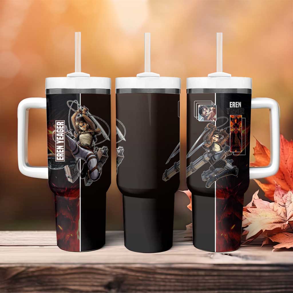 Eren Yeager from Attack on Titan Tumbler With Handle with Action Poses and Fiery Background Design - The Mazicc