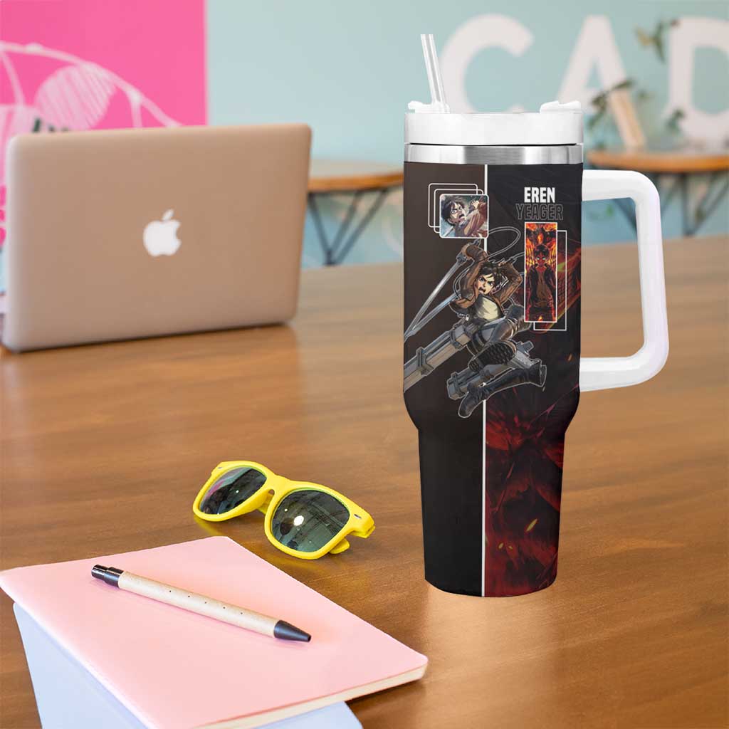 Eren Yeager from Attack on Titan Tumbler With Handle with Action Poses and Fiery Background Design - The Mazicc