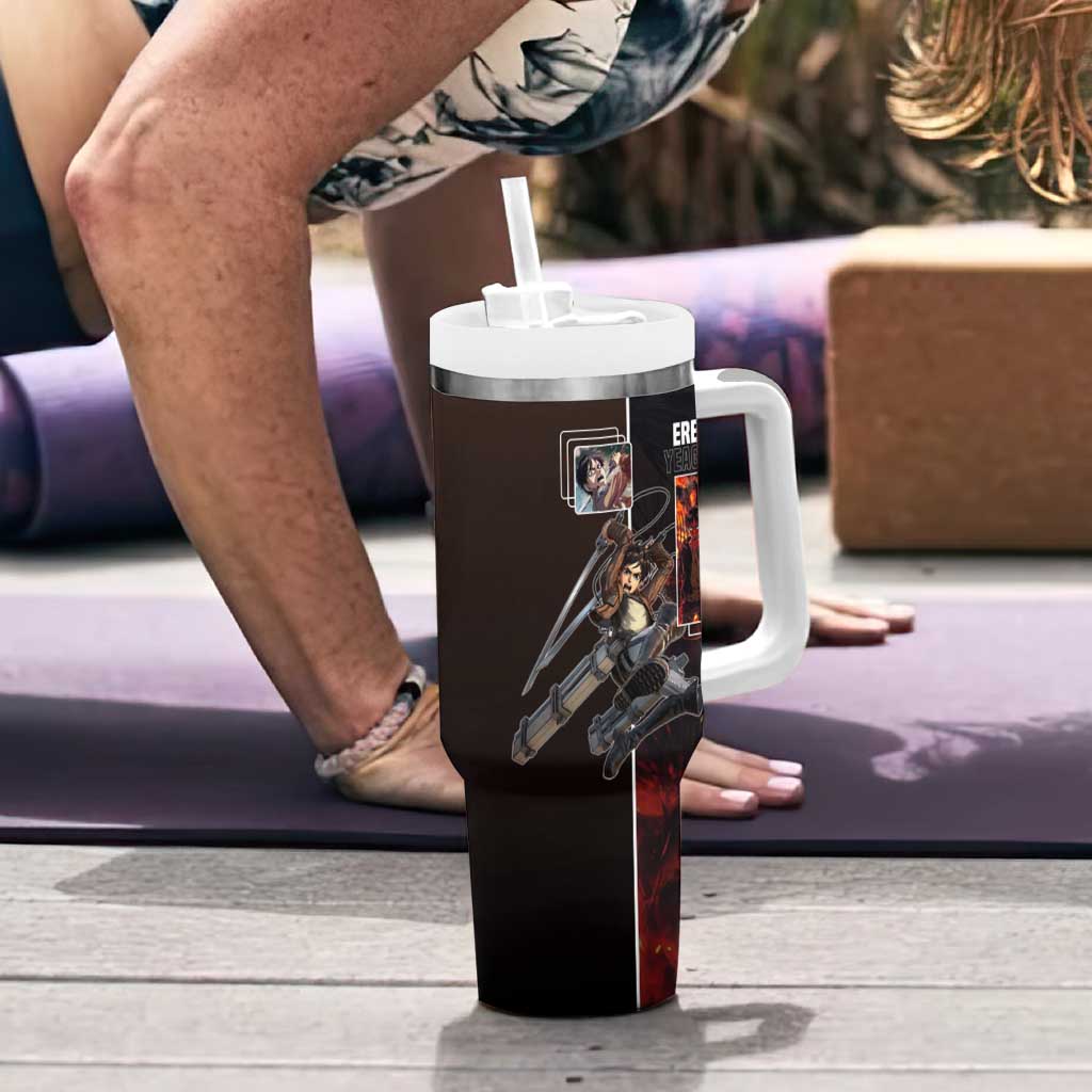 Eren Yeager from Attack on Titan Tumbler With Handle with Action Poses and Fiery Background Design - The Mazicc