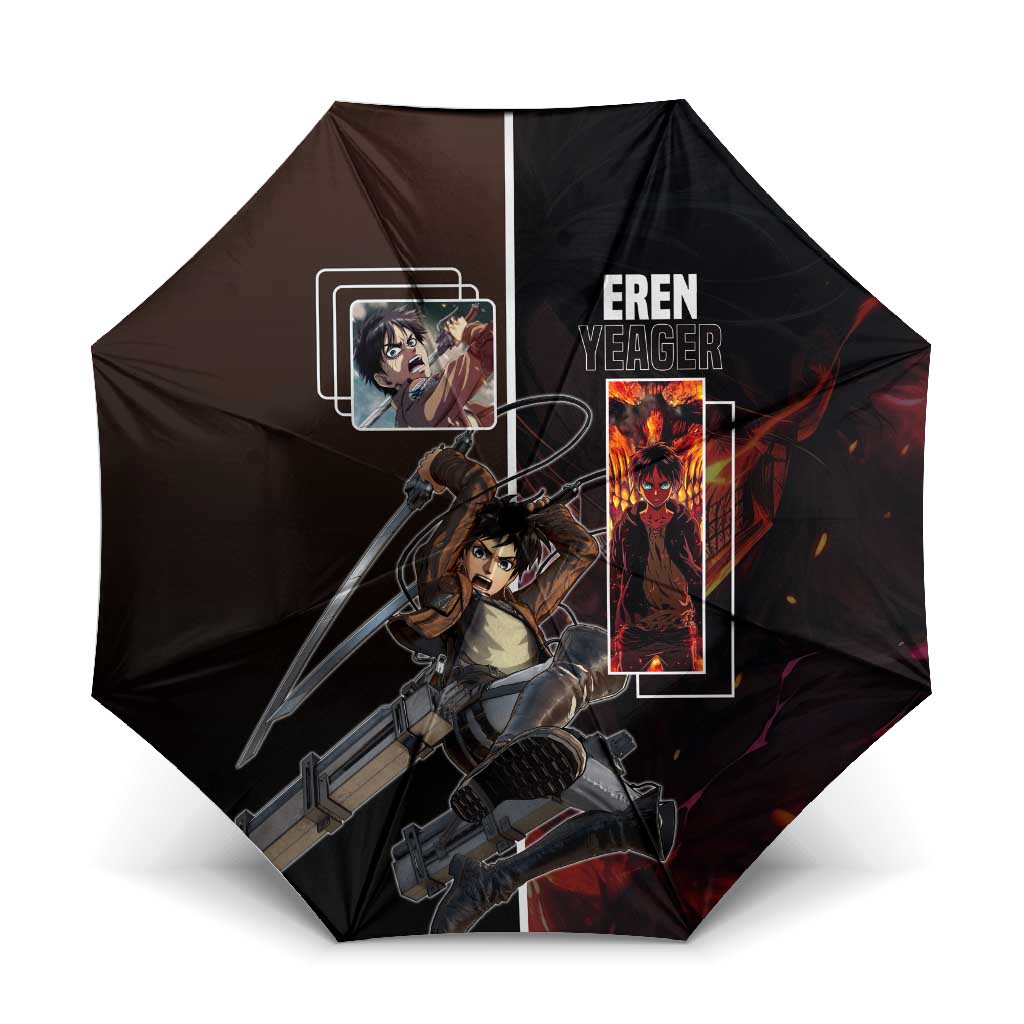 Eren Yeager from Attack on Titan Umbrella with Action Poses and Fiery Background Design - The Mazicc