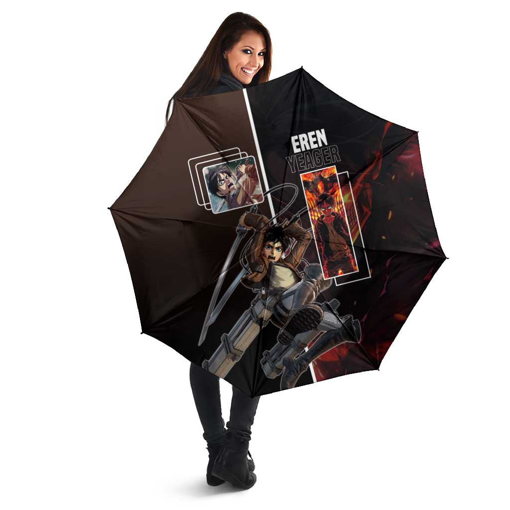 Eren Yeager from Attack on Titan Umbrella with Action Poses and Fiery Background Design - The Mazicc