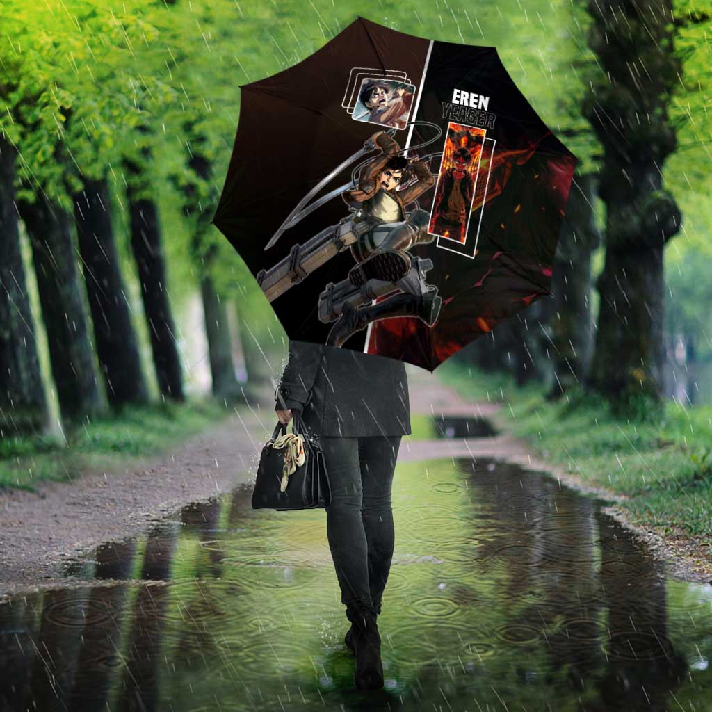Eren Yeager from Attack on Titan Umbrella with Action Poses and Fiery Background Design - The Mazicc