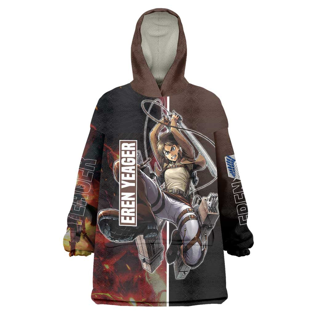 Eren Yeager from Attack on Titan Wearable Blanket Hoodie with Action Poses and Fiery Background Design - The Mazicc