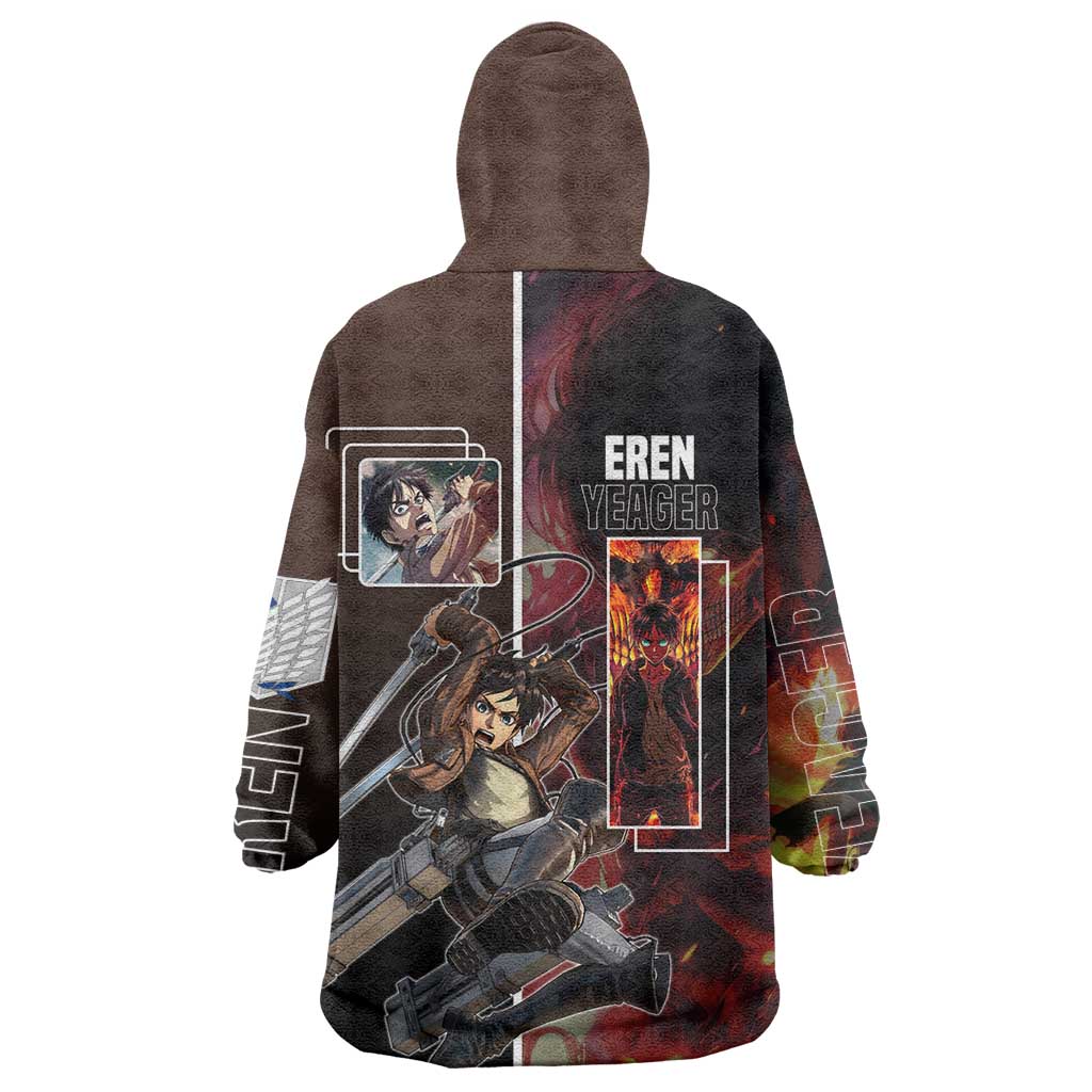 Eren Yeager from Attack on Titan Wearable Blanket Hoodie with Action Poses and Fiery Background Design - The Mazicc
