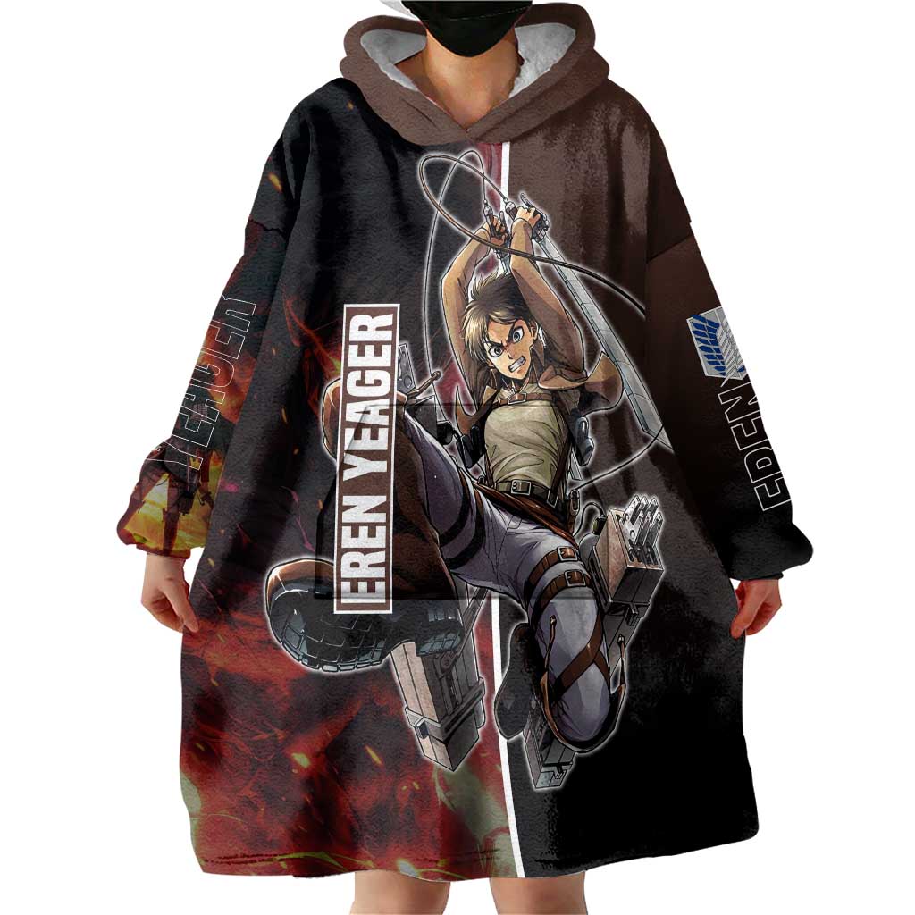 Eren Yeager from Attack on Titan Wearable Blanket Hoodie with Action Poses and Fiery Background Design - The Mazicc