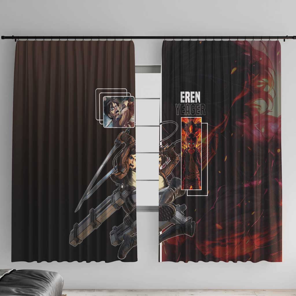 Eren Yeager from Attack on Titan Window Curtain with Action Poses and Fiery Background Design - The Mazicc
