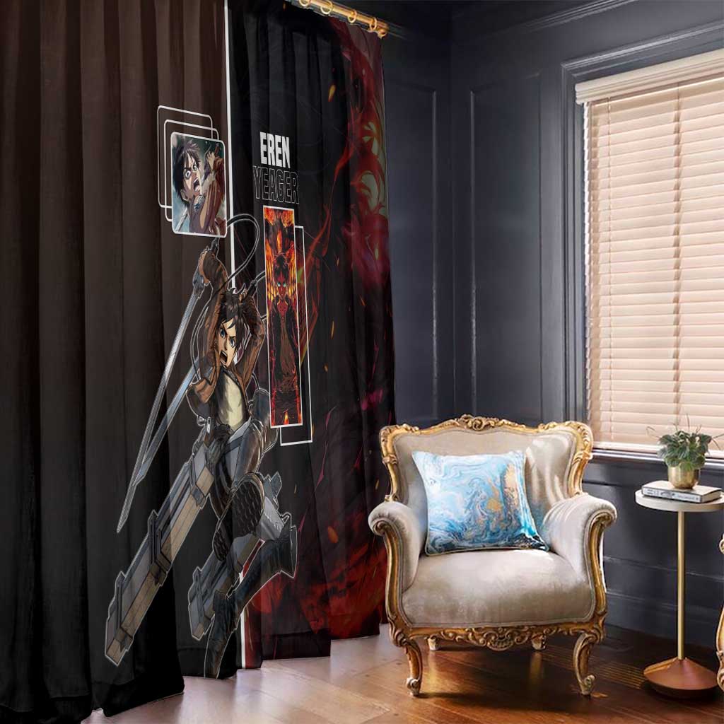 Eren Yeager from Attack on Titan Window Curtain with Action Poses and Fiery Background Design - The Mazicc