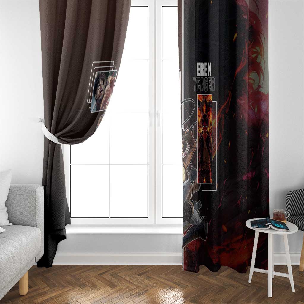 Eren Yeager from Attack on Titan Window Curtain with Action Poses and Fiery Background Design - The Mazicc