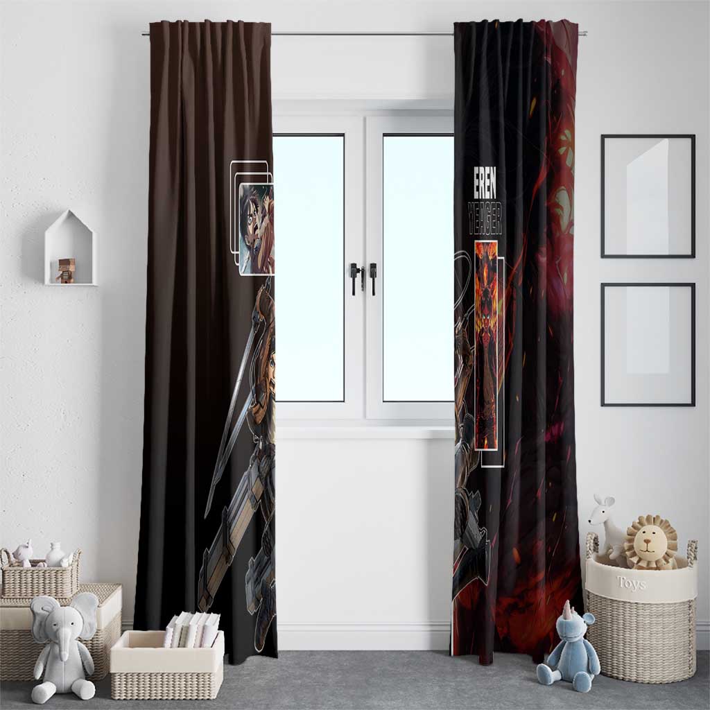Eren Yeager from Attack on Titan Window Curtain with Action Poses and Fiery Background Design - The Mazicc