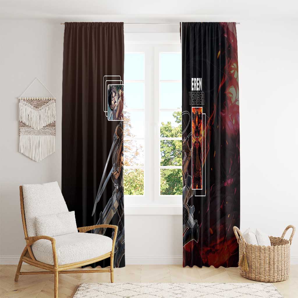 Eren Yeager from Attack on Titan Window Curtain with Action Poses and Fiery Background Design - The Mazicc