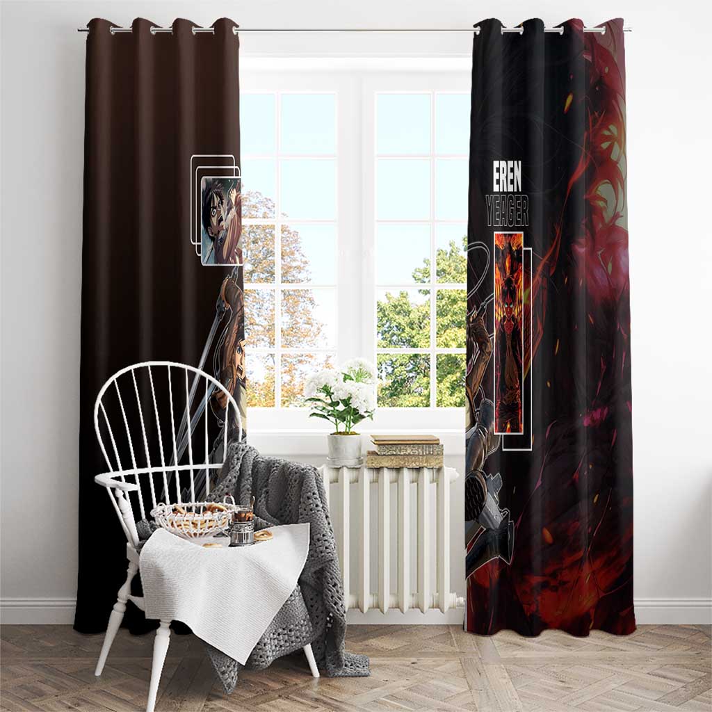Eren Yeager from Attack on Titan Window Curtain with Action Poses and Fiery Background Design - The Mazicc