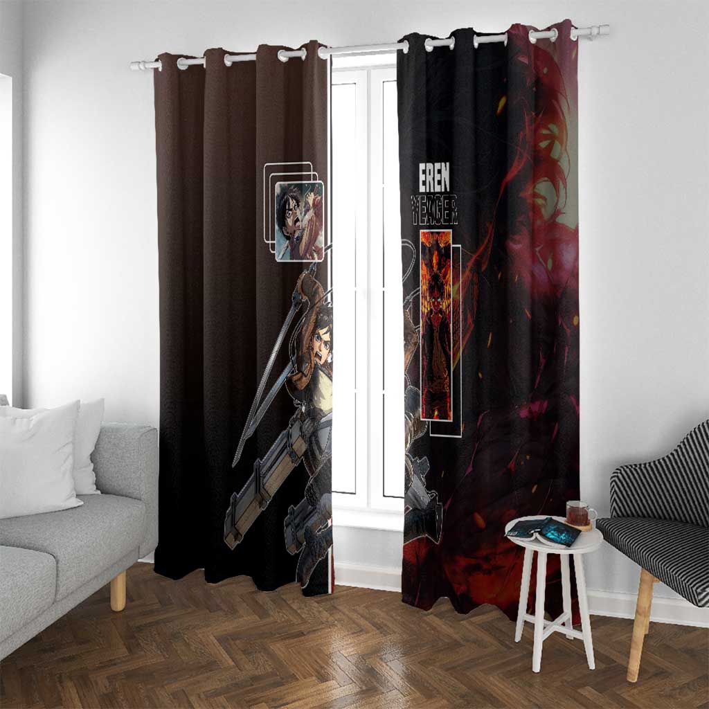 Eren Yeager from Attack on Titan Window Curtain with Action Poses and Fiery Background Design - The Mazicc