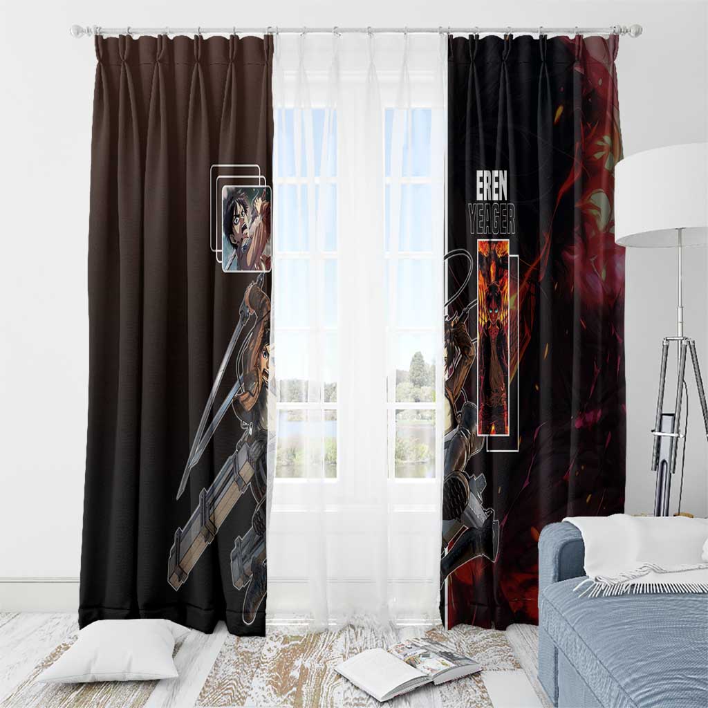 Eren Yeager from Attack on Titan Window Curtain with Action Poses and Fiery Background Design - The Mazicc