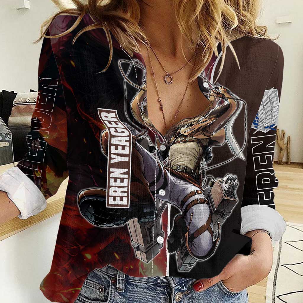 Eren Yeager from Attack on Titan Women Casual Shirt with Action Poses and Fiery Background Design - The Mazicc