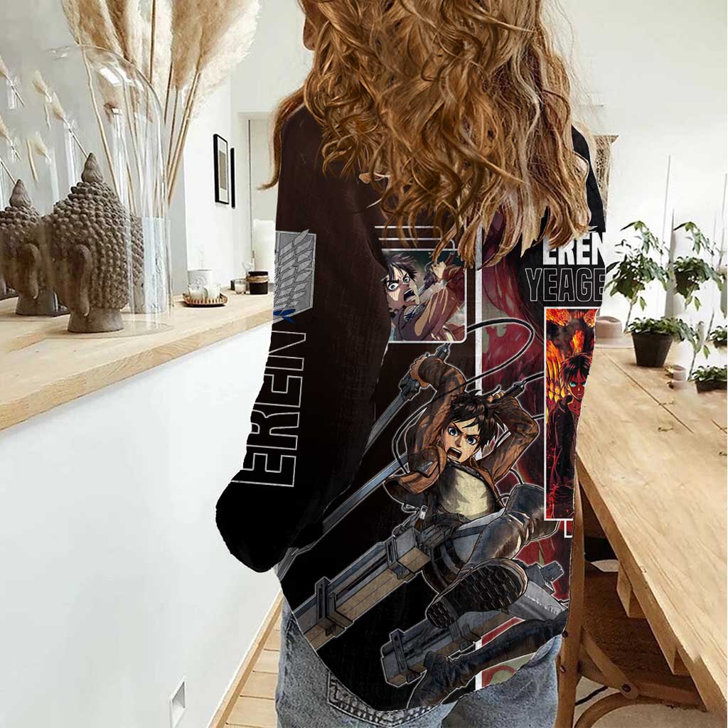 Eren Yeager from Attack on Titan Women Casual Shirt with Action Poses and Fiery Background Design - The Mazicc