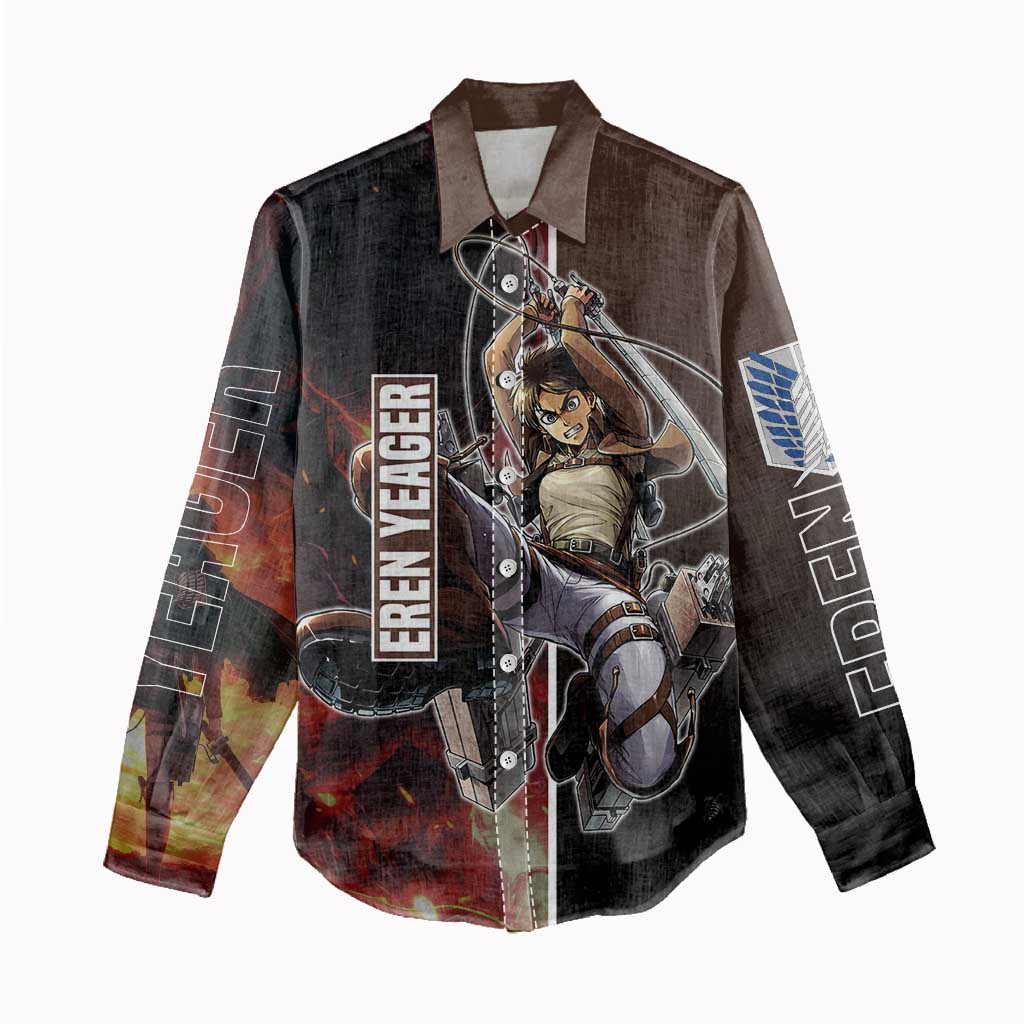 Eren Yeager from Attack on Titan Women Casual Shirt with Action Poses and Fiery Background Design - The Mazicc