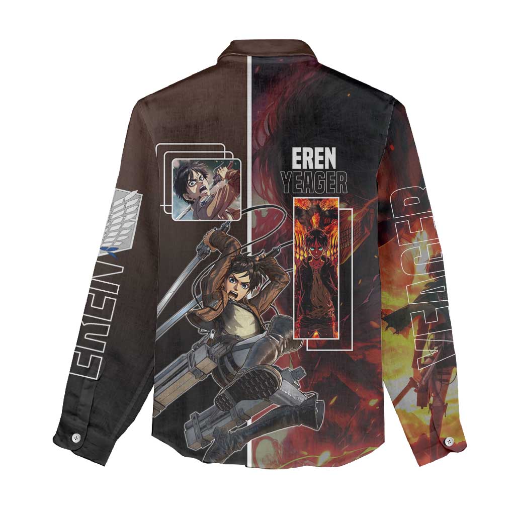 Eren Yeager from Attack on Titan Women Casual Shirt with Action Poses and Fiery Background Design - The Mazicc