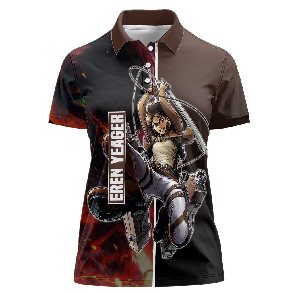 Eren Yeager from Attack on Titan Women Polo Shirt with Action Poses and Fiery Background Design - The Mazicc
