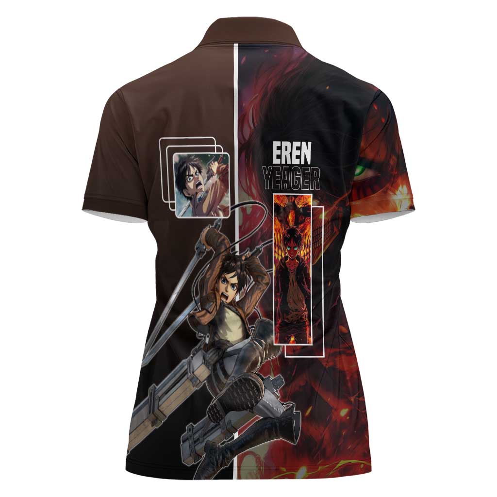 Eren Yeager from Attack on Titan Women Polo Shirt with Action Poses and Fiery Background Design - The Mazicc