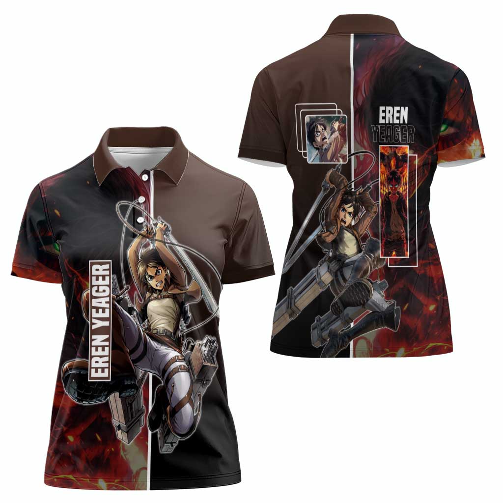 Eren Yeager from Attack on Titan Women Polo Shirt with Action Poses and Fiery Background Design - The Mazicc