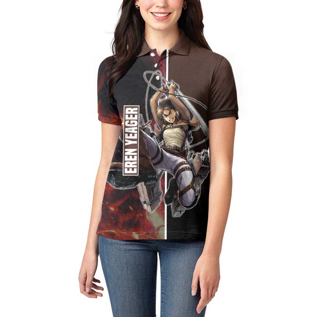 Eren Yeager from Attack on Titan Women Polo Shirt with Action Poses and Fiery Background Design - The Mazicc