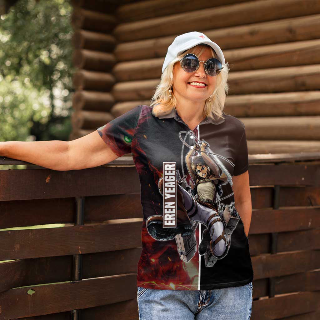 Eren Yeager from Attack on Titan Women Polo Shirt with Action Poses and Fiery Background Design - The Mazicc