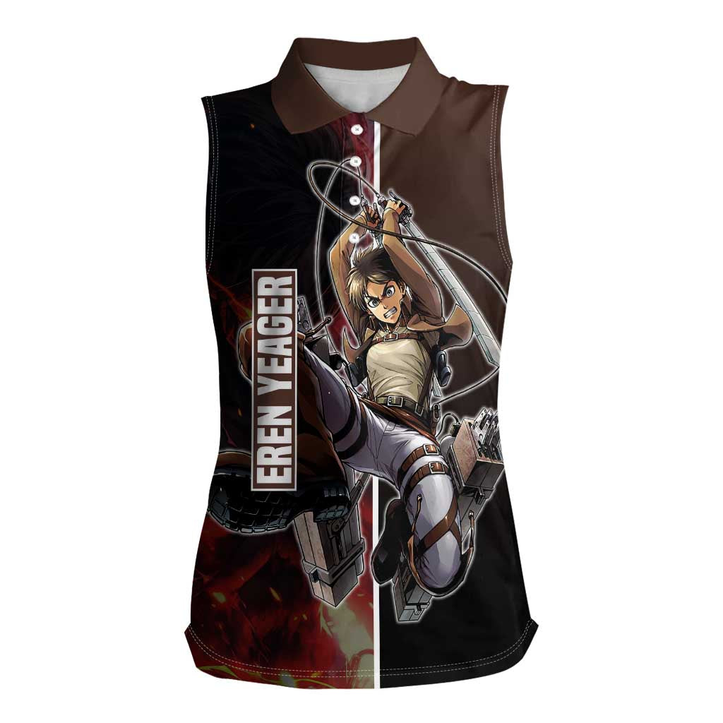 Eren Yeager from Attack on Titan Women Sleeveless Polo Shirt with Action Poses and Fiery Background Design - The Mazicc