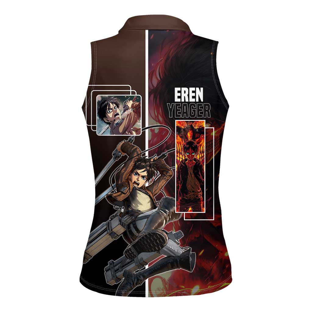 Eren Yeager from Attack on Titan Women Sleeveless Polo Shirt with Action Poses and Fiery Background Design - The Mazicc