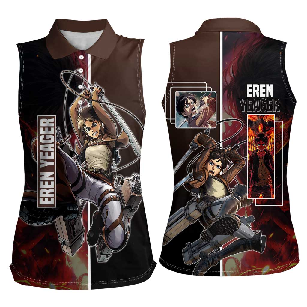 Eren Yeager from Attack on Titan Women Sleeveless Polo Shirt with Action Poses and Fiery Background Design - The Mazicc