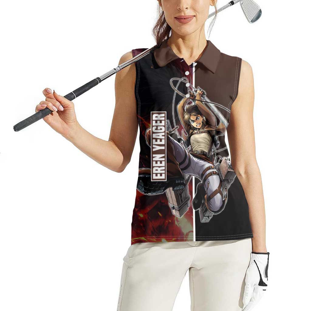 Eren Yeager from Attack on Titan Women Sleeveless Polo Shirt with Action Poses and Fiery Background Design - The Mazicc