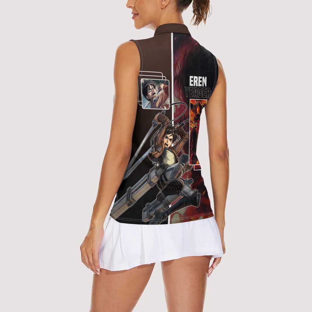 Eren Yeager from Attack on Titan Women Sleeveless Polo Shirt with Action Poses and Fiery Background Design - The Mazicc