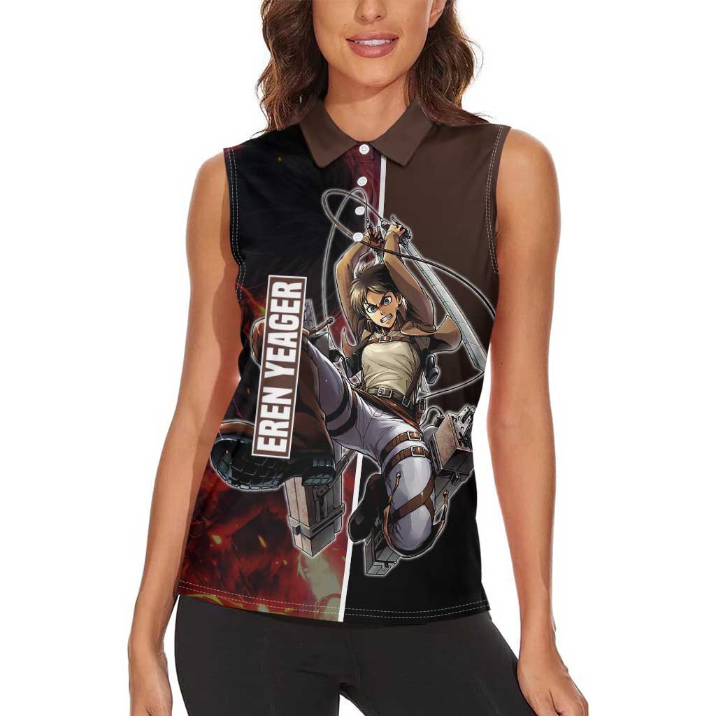 Eren Yeager from Attack on Titan Women Sleeveless Polo Shirt with Action Poses and Fiery Background Design - The Mazicc
