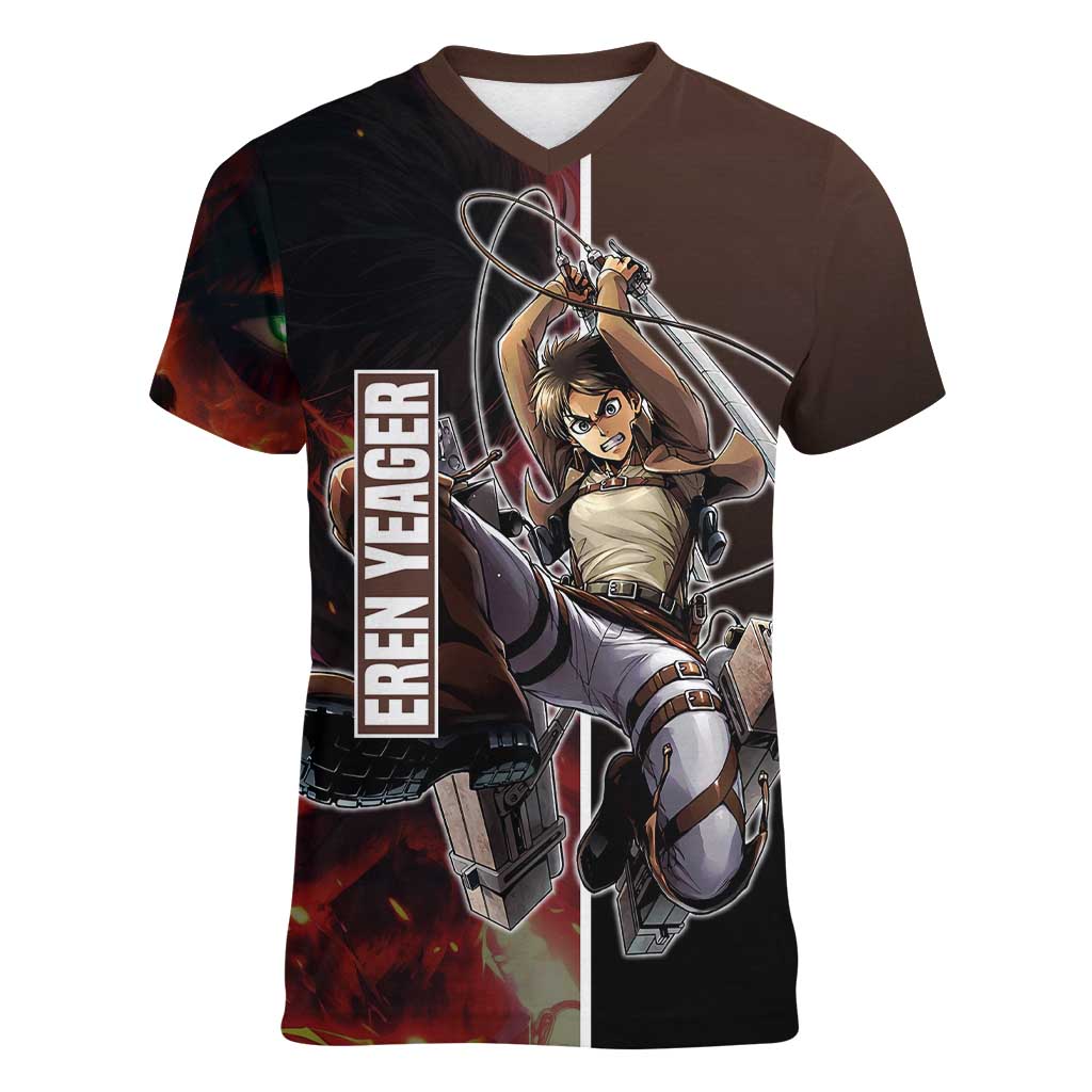 Eren Yeager from Attack on Titan Women V-Neck T-Shirt with Action Poses and Fiery Background Design - The Mazicc