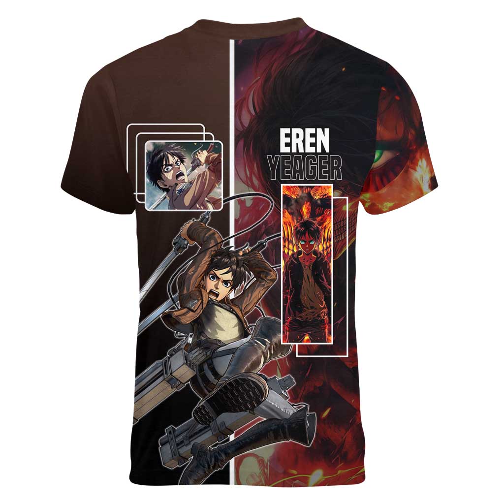 Eren Yeager from Attack on Titan Women V-Neck T-Shirt with Action Poses and Fiery Background Design - The Mazicc