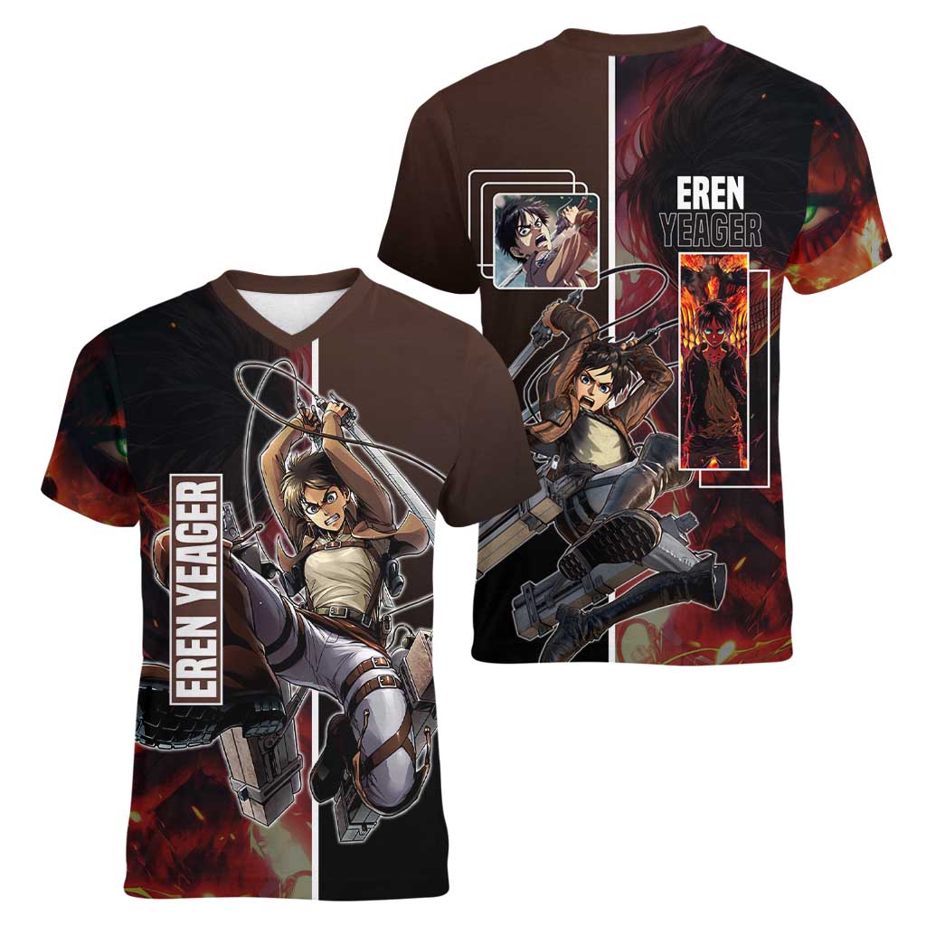 Eren Yeager from Attack on Titan Women V-Neck T-Shirt with Action Poses and Fiery Background Design - The Mazicc