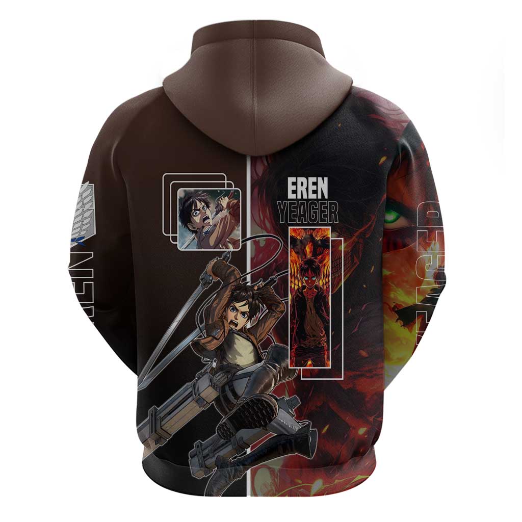 Eren Yeager from Attack on Titan Zip Hoodie with Action Poses and Fiery Background Design - The Mazicc