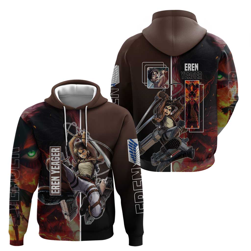 Eren Yeager from Attack on Titan Zip Hoodie with Action Poses and Fiery Background Design - The Mazicc