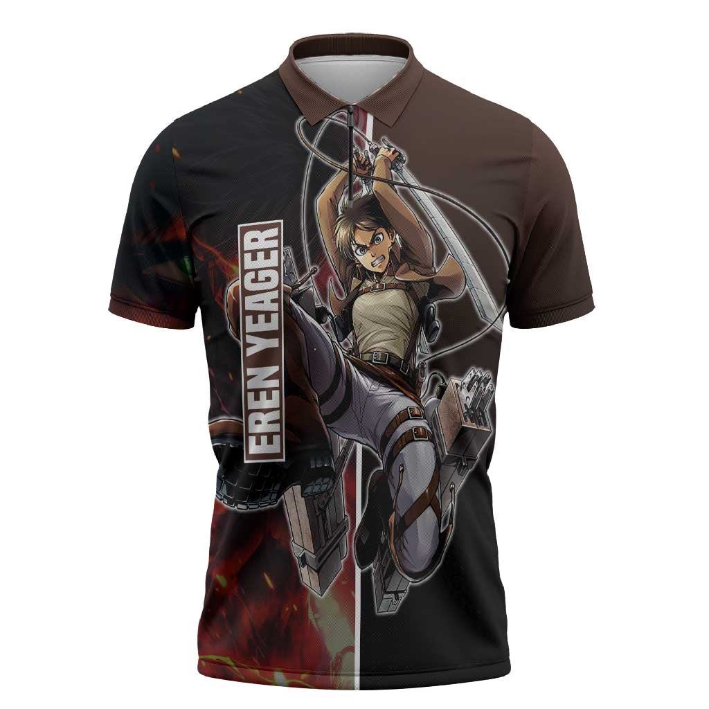 Eren Yeager from Attack on Titan Zipper Polo Shirt with Action Poses and Fiery Background Design - The Mazicc