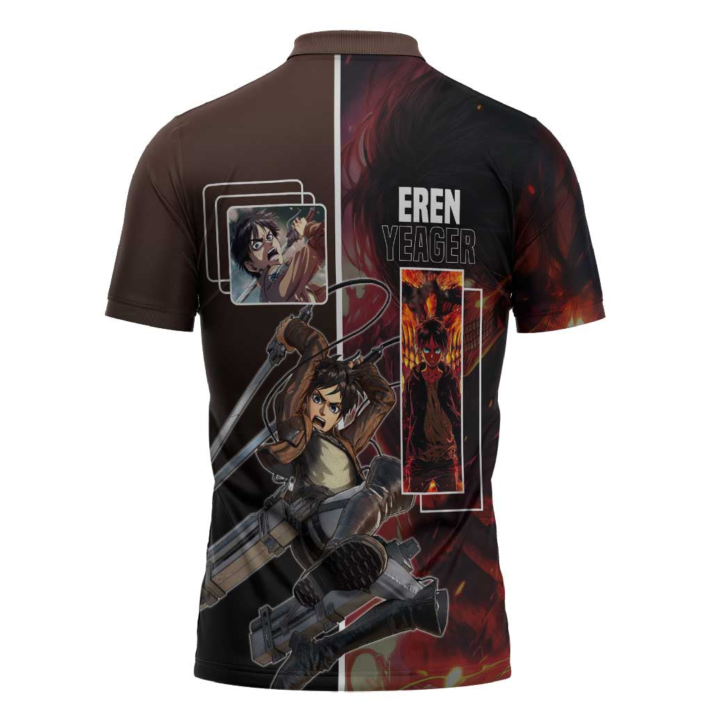 Eren Yeager from Attack on Titan Zipper Polo Shirt with Action Poses and Fiery Background Design - The Mazicc