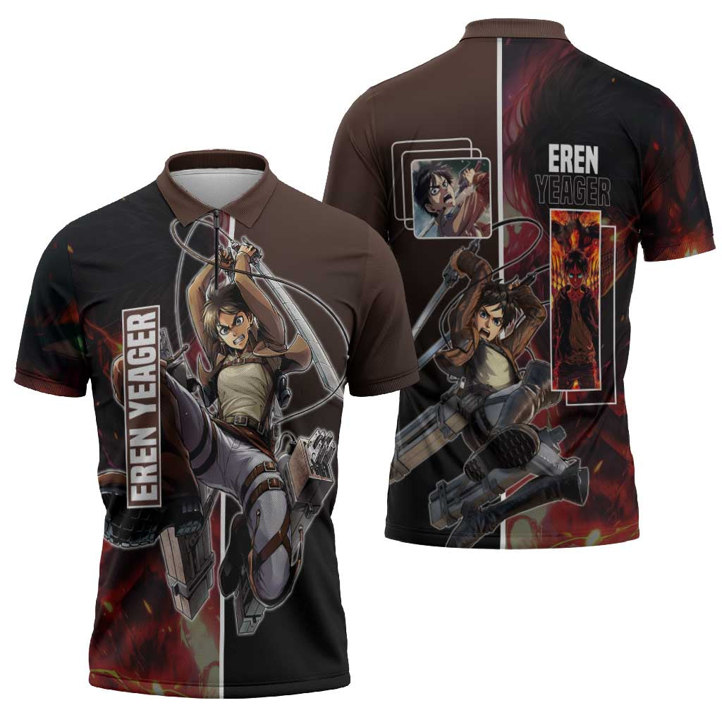 Eren Yeager from Attack on Titan Zipper Polo Shirt with Action Poses and Fiery Background Design - The Mazicc