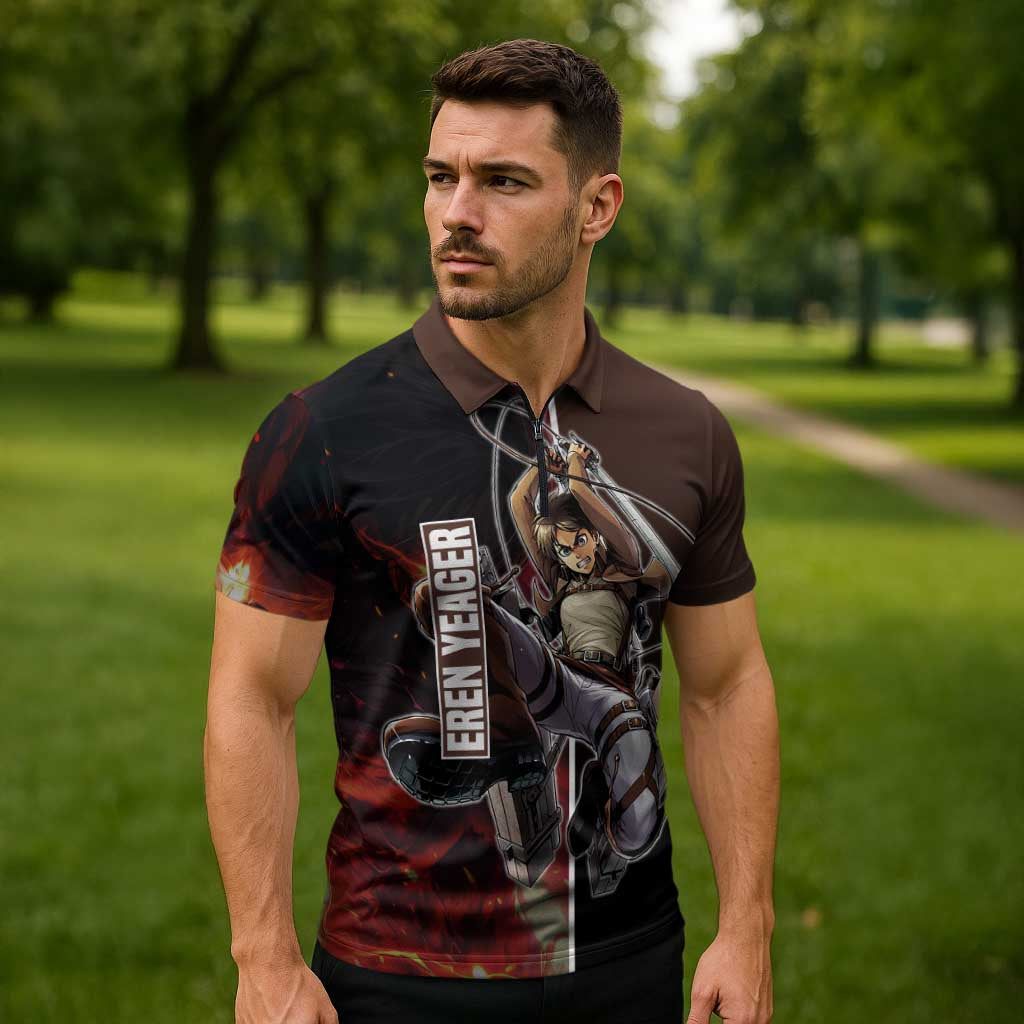 Eren Yeager from Attack on Titan Zipper Polo Shirt with Action Poses and Fiery Background Design - The Mazicc