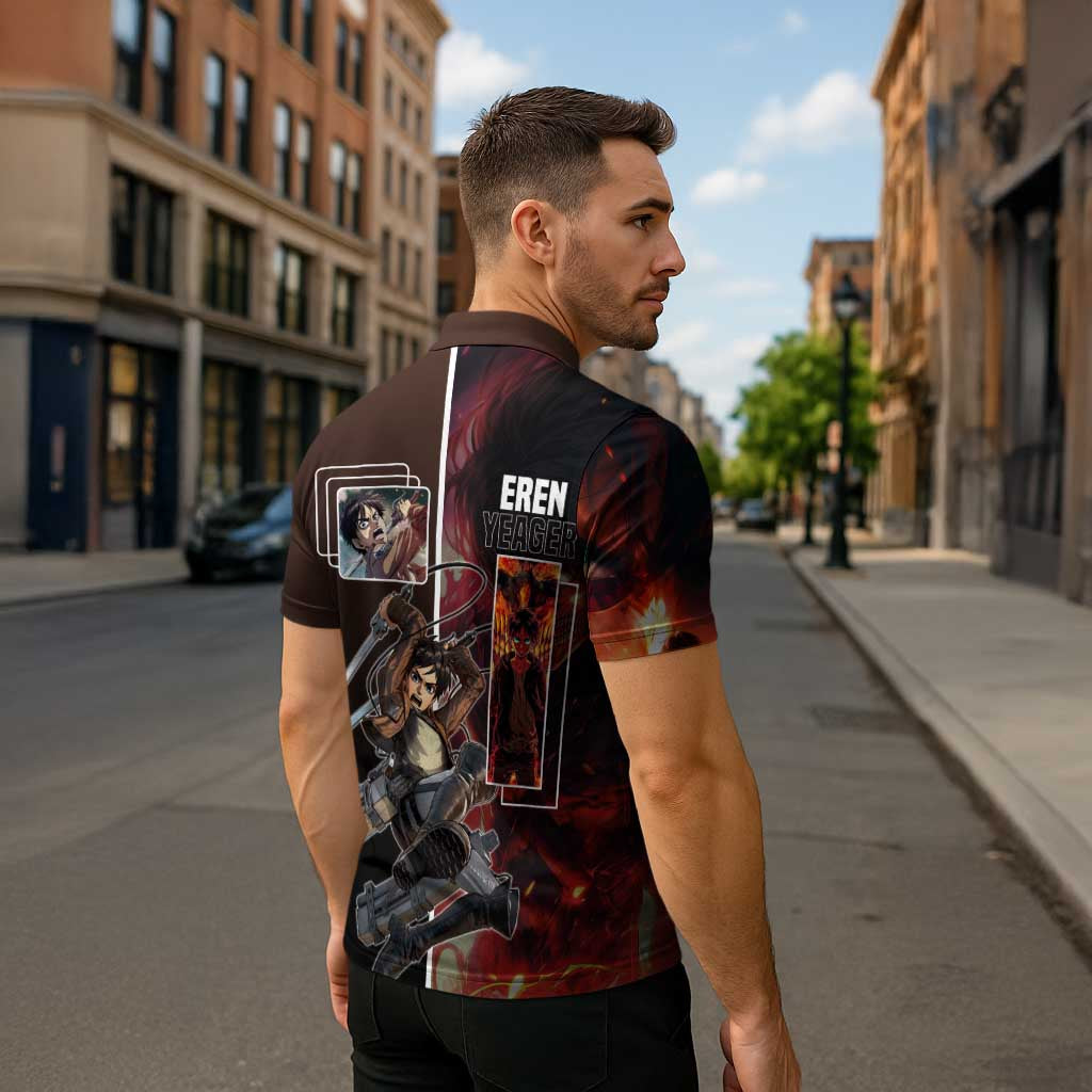 Eren Yeager from Attack on Titan Zipper Polo Shirt with Action Poses and Fiery Background Design - The Mazicc