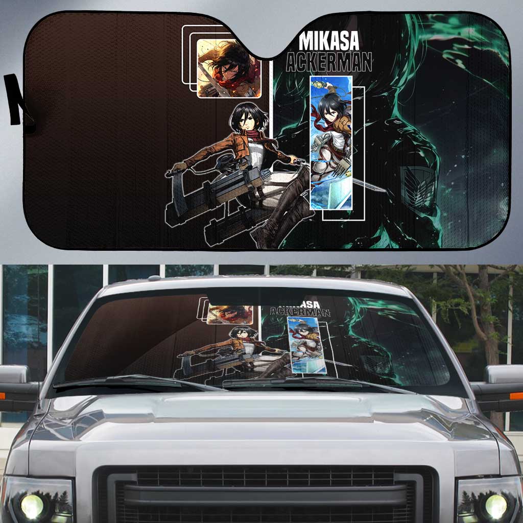 Mikasa Ackerman from Attack on Titan Auto Sun Shade with Sword and Action Pose Design - The Mazicc