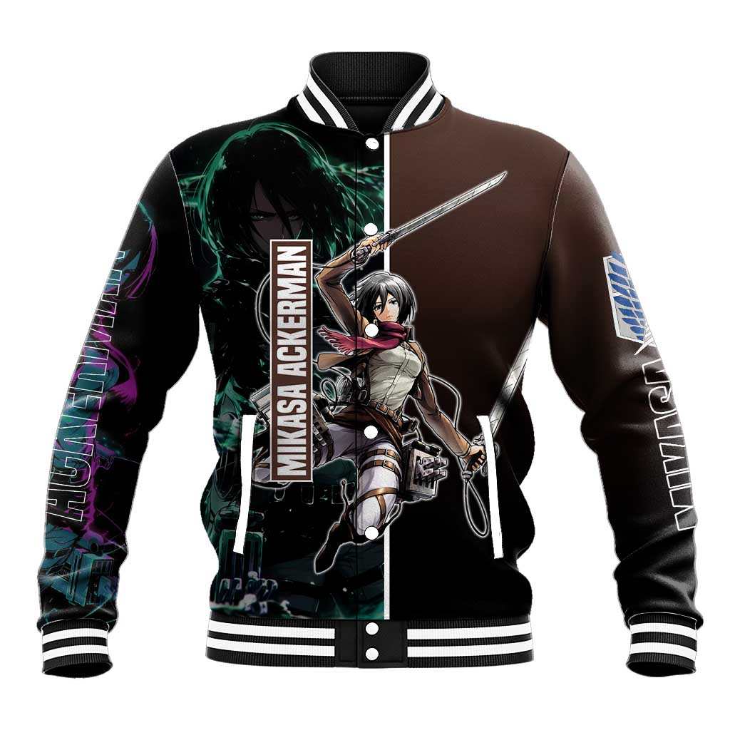 Mikasa Ackerman from Attack on Titan Baseball Jacket with Sword and Action Pose Design - The Mazicc